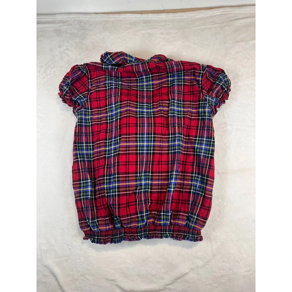 Ralph‎ Lauren Plaid Ruffle Blouse 12 Red Tartan Smocked Puff Sleeve Girls